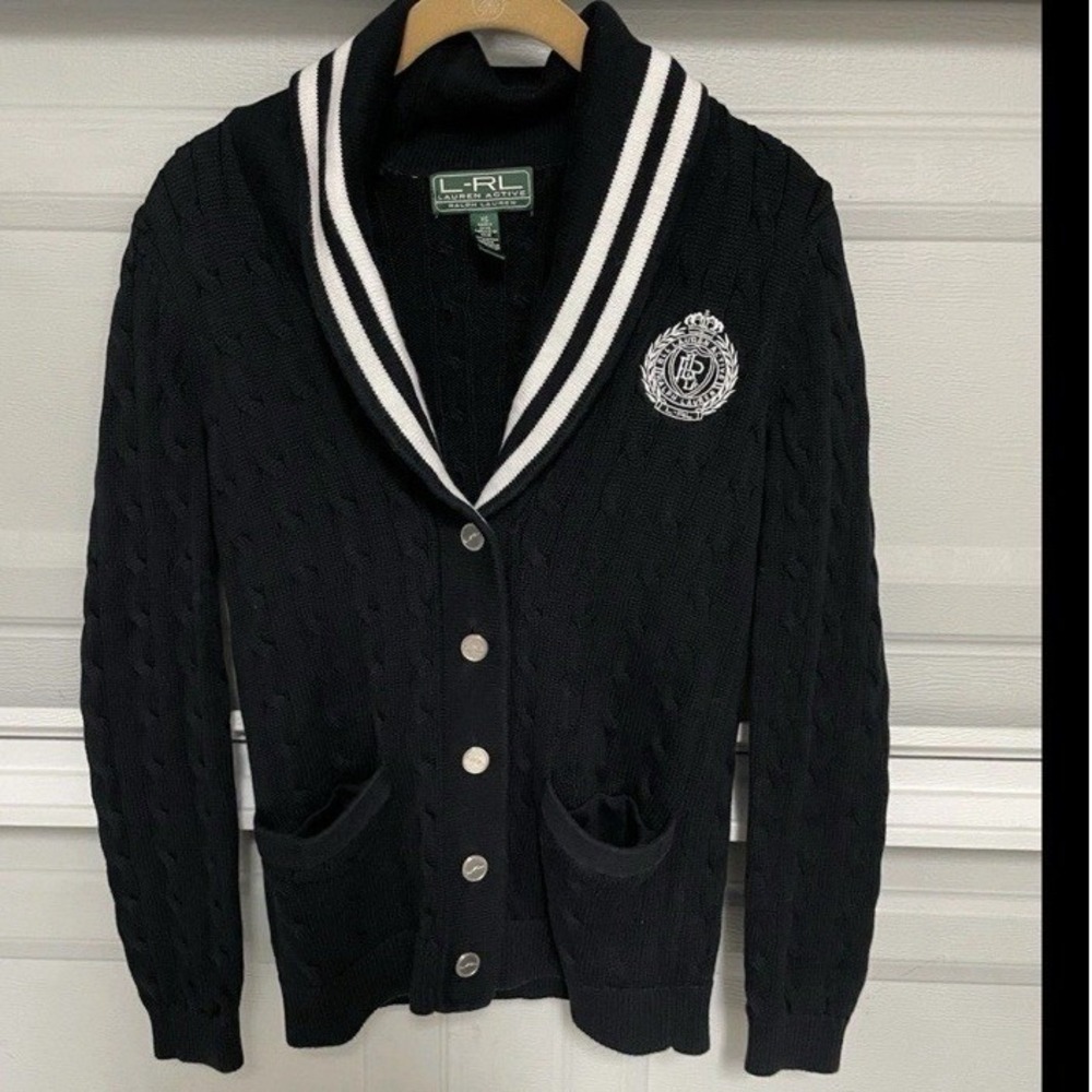 Lauren Ralph Lauren Active Cardigan Blk Varsity Cable Knit Shawl Collar Size XS - Picture 13 of 14